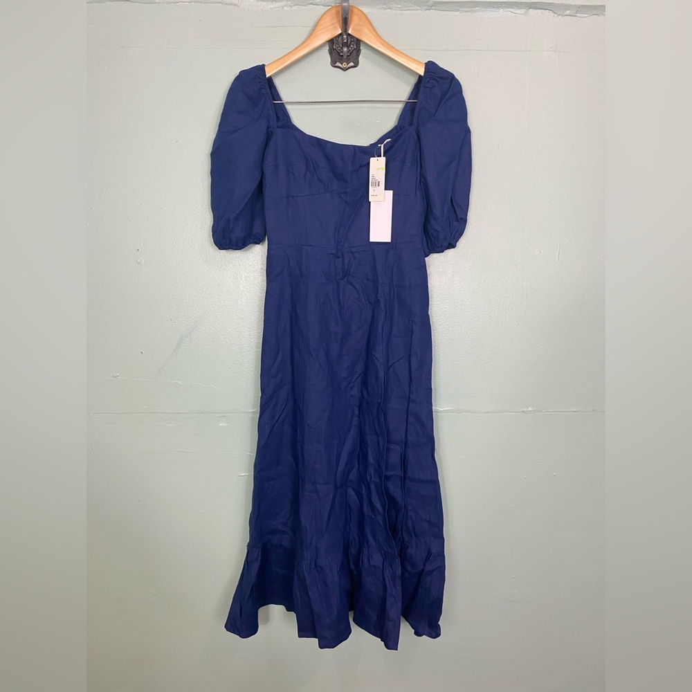 Reformation Belgium Blue Linen Midi Dress Slit Puff Sleeve Size 0 - Picture 2 of 6